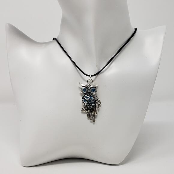 Owl Pendant Necklace w/ Blue Sparkle Resin Body & Eyes - Picture 1 of 8